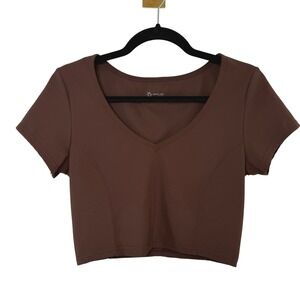 Offline‎ by Aerie Ribbed Cropped Active Top L Brown V Neck Athleisure Loungewear